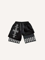 Fake Two Pieces Graphic Print Drawstring Waist Shorts