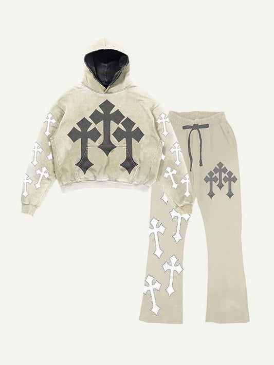 Cross&Letter Faux Decal Print Elastic Waist Two-Piece Set