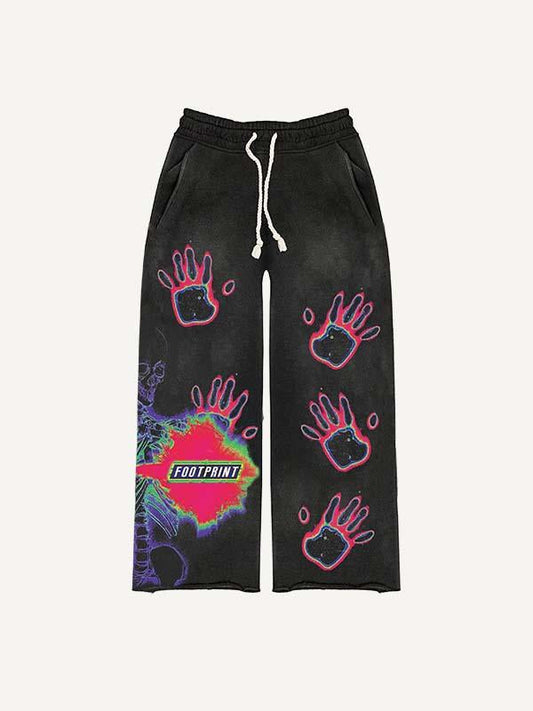 Skeleton&Palm Graphic Print Elastic Waist Pants