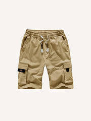 Solid Color Flap Pocket Side Drawstring Waist Cargo Shorts
