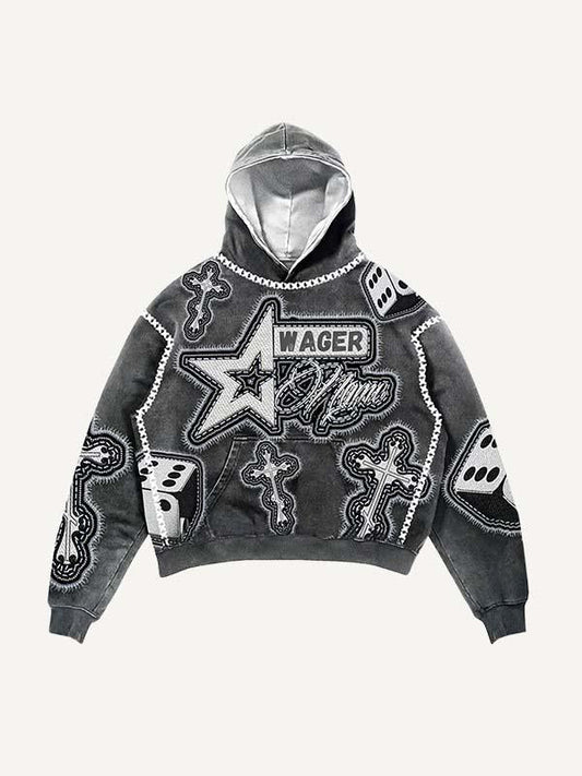 Eye&Cross&Dice&Star Faux Decal Print Slant Pockets Hoodie
