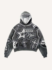 Eye&Cross&Dice&Star Faux Decal Print Slant Pockets Hoodie