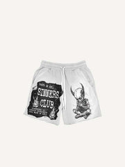 Demon Skeleton&Pray&Letter Print Drawstring Waist Shorts