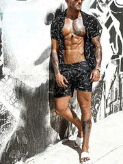 Hawaiian Floral Leaf Graphic Patch Pocket Drawstring Waist Two-Piece Set