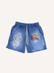 Cross&Letter&Figure Faux Decal Print Drawstring Waist Shorts