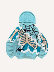 Skeleton&Spider Faux Decal Print Slant Pockets Hoodie