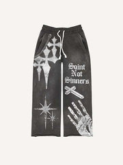 Cross&Letter&Palm Print Elastic Waist Pants