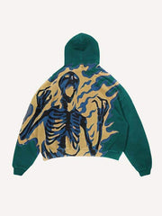 Fire Skeleton Print Slant Pockets Hoodie