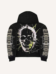 Skull&Palm&Letter Print Zip Up Hooded Coat