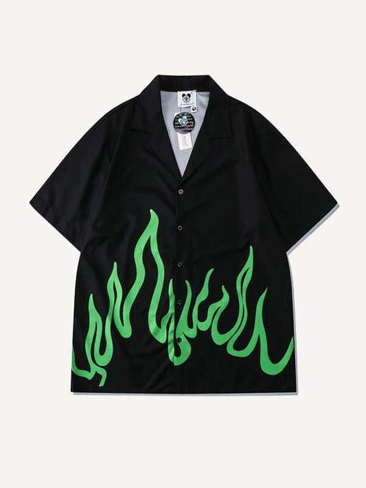 Green Fire Print Drawstring Waist Two-Piece Set