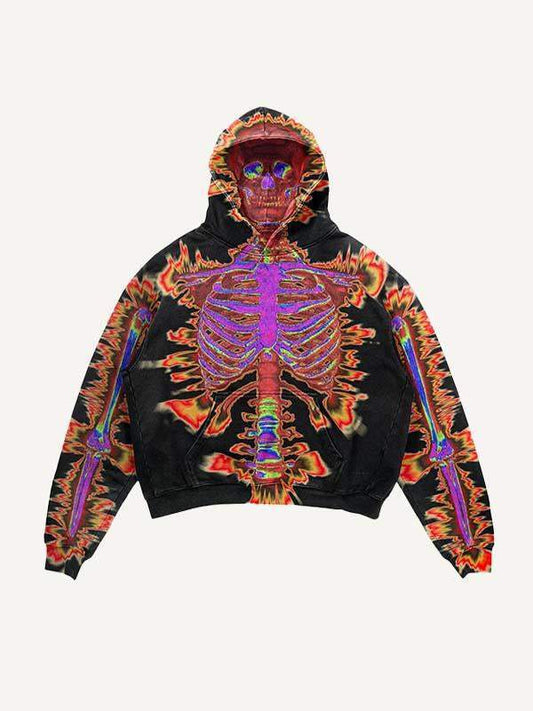 Skeleton Glow Print Slant Pockets Hoodie