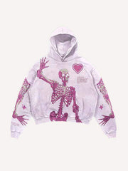 Skeleton&Heart&Letter Print Slant Pockets Hoodie