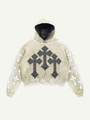 Cross Faux Decal Print Slant Pockets Hoodie