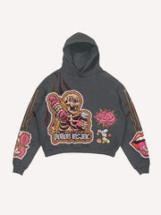 Skeleton Injection Medicine&Letter Faux Decal Print Slant Pockets Hoodie