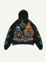 Colorblock Fire&Skeleton&Cross Print Slant Pockets Hoodie