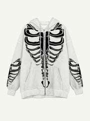 Skeleton Print Zip Up Slant Pockets Hooded Coat