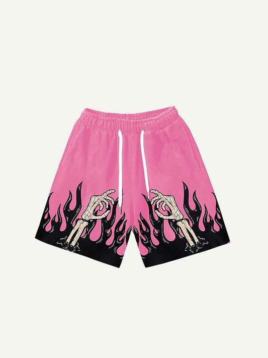Skeleton Palm&Fire Faux Decal Print Drawstring Waist Shorts