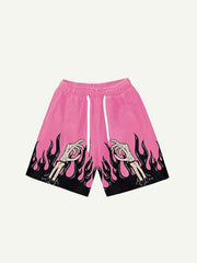 Skeleton Palm&Fire Faux Decal Print Drawstring Waist Shorts