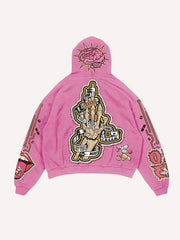 Skeleton Injection Medicine&Letter Faux Decal Print Slant Pockets Hoodie