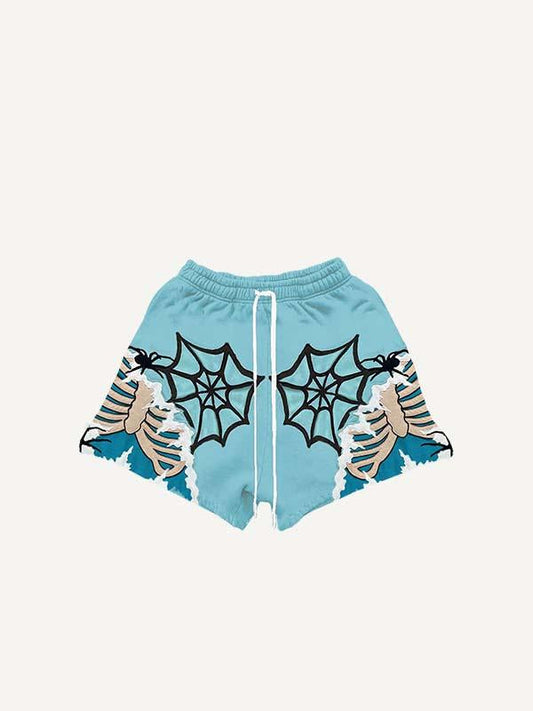 Skeleton&Spider Faux Decal Print Drawstring Waist Shorts