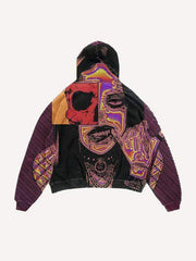 Colorblock Striped Skull Figure Print Slant Pockets Hoodie