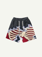 Colorblock Skeleton Faux Decal Print Drawstring Waist Shorts