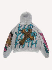 Figure&Letter&Cross Print Slant Pockets Hoodie