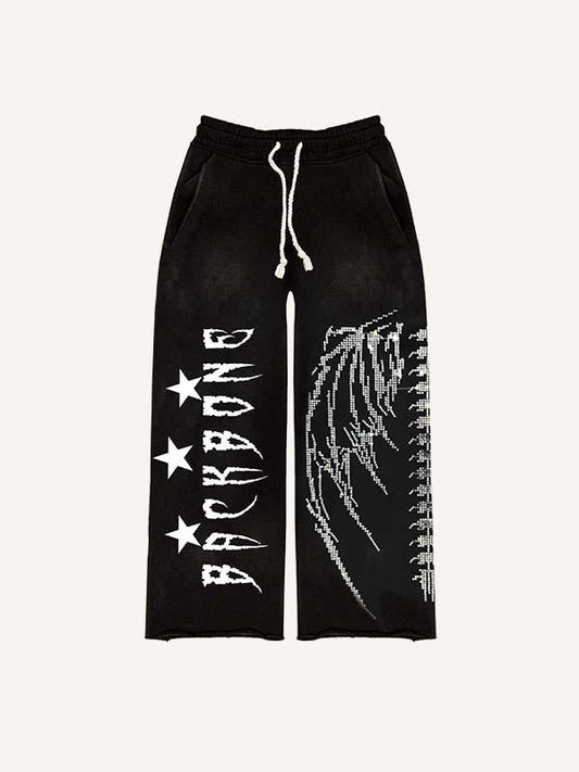 Skeleton&Wing Faux Rhinestones Print Elastic Waist Pants