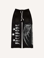 Skeleton&Wing Faux Rhinestones Print Elastic Waist Pants