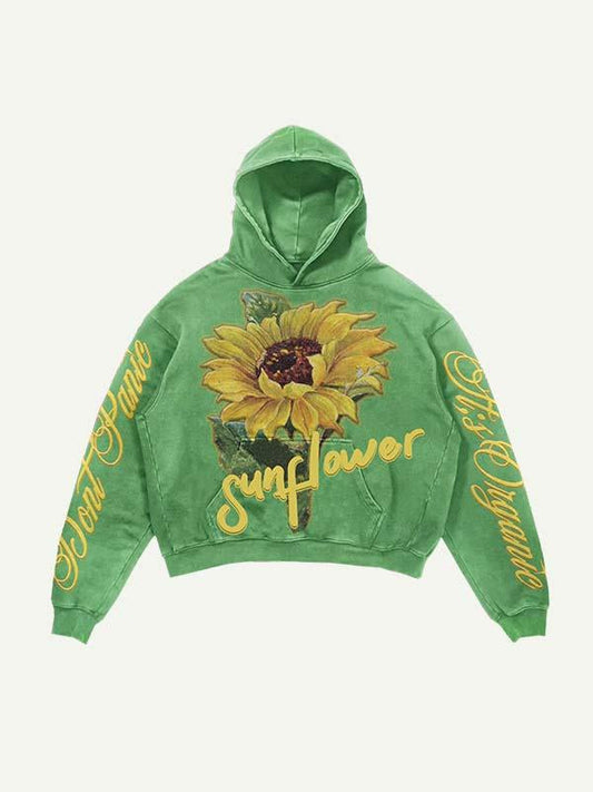 Floral&Letter Print Slant Pockets Hoodie