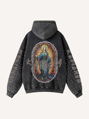 Mary&Letter&Cross Print Zip Up Slant Pockets Hooded Coat