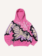 Skeleton&Spider Faux Decal Print Slant Pockets Hoodie