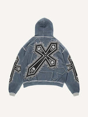 Skull&Letter&Cross Print Slant Pockets Hoodie