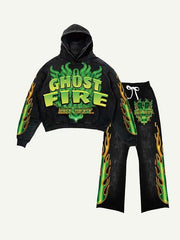 Letter&Fire Print Print Elastic Waist Two-Piece Set