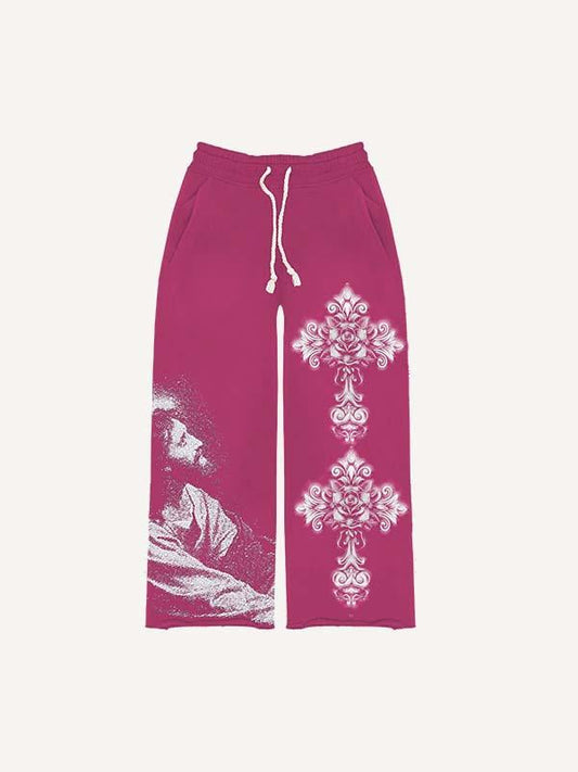 Figure&Cross&Floral Print Elastic Waist Pants
