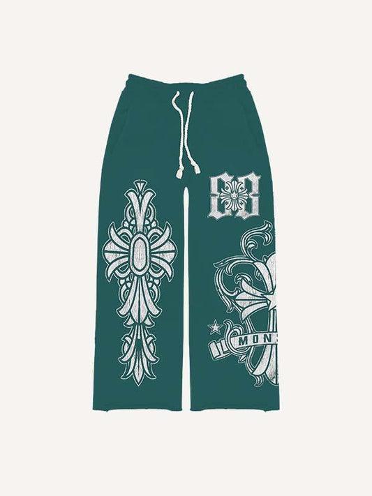 Cross&Letter Print Elastic Waist Pants