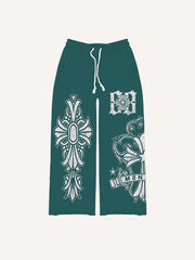 Cross&Letter Print Elastic Waist Pants