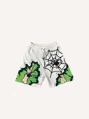 Skeleton&Spider Faux Decal Print Drawstring Waist Shorts