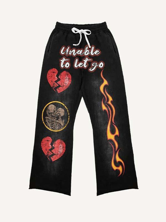 Heartbreak&Skeleton&Letter&Fire Print Elastic Waist Pants