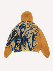 Fire Skeleton Print Slant Pockets Hoodie