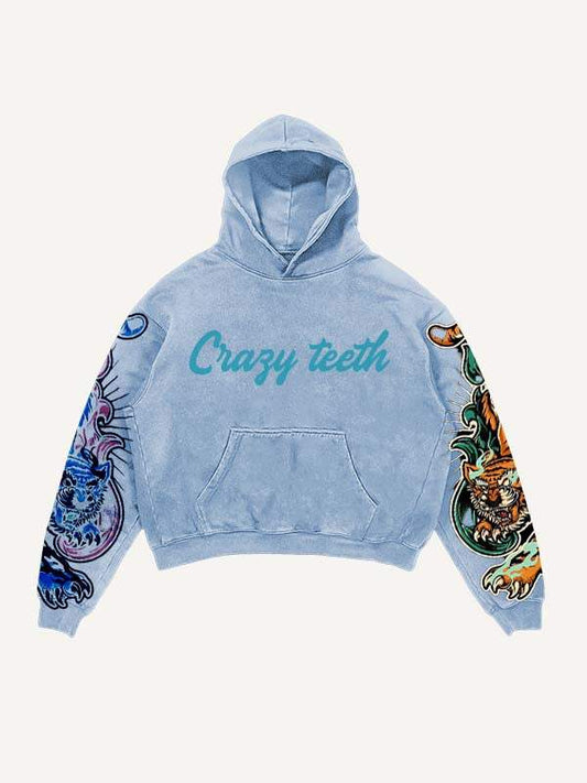 Tiger&Letter Graphic Print Slant Pockets Hoodie