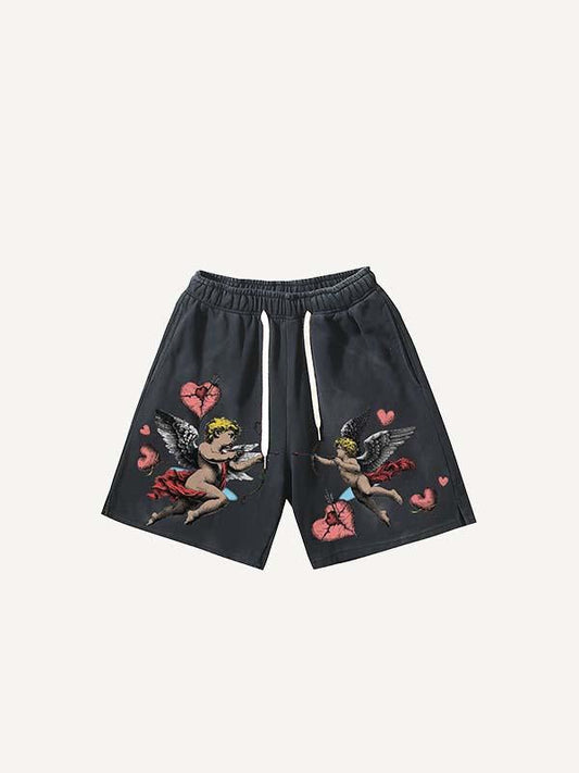 Cupid&Heart Print Drawstring Waist Shorts