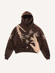 Butterfly&Skull Palm Print Slant Pockets Hoodie