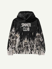 Skeleton&Letter&Fire Print Slant Pockets Hoodie