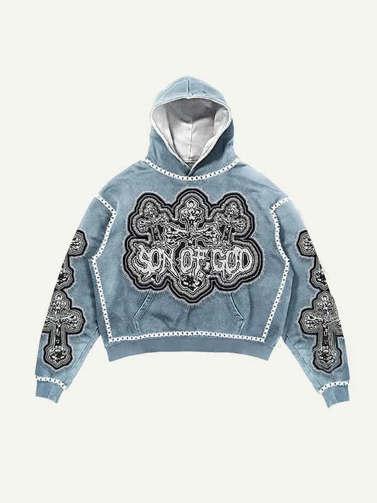 Cross&Letter&Jesus Faux Decal Print Slant Pockets Hoodie