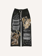 Ripped Angel&Cross&Floral Faux Rhinestones Print Elastic Waist Pants