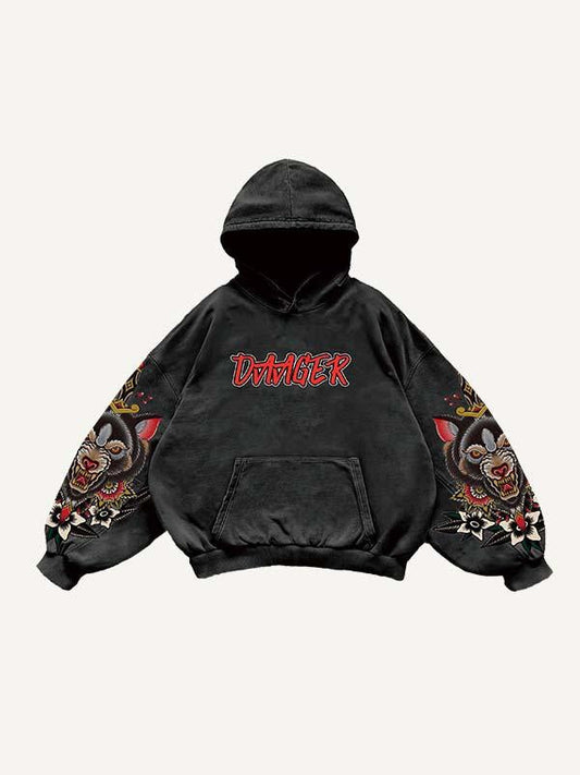 Letter&Animal Print Slant Pockets Hoodie