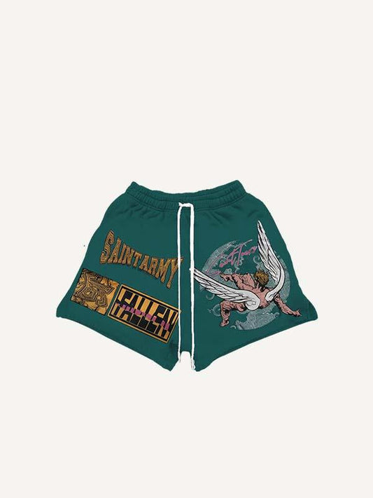 Figure&Wing&Letter Print Drawstring Waist Shorts