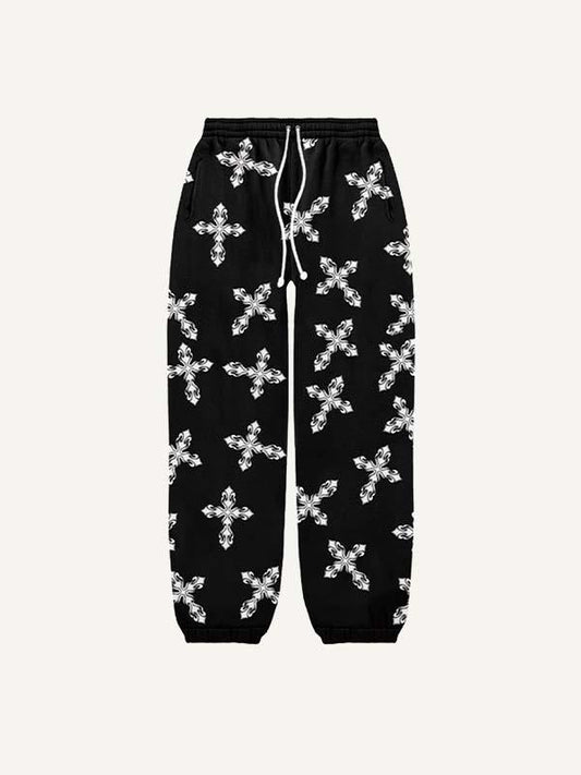 Cross&Letter Print Elastic Waist Pants