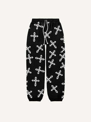 Cross&Letter Print Elastic Waist Pants